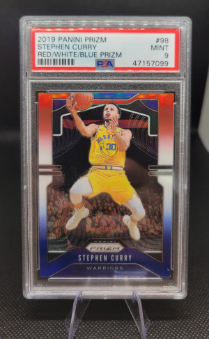 2019 PANINI PRIZM STEPHEN CURRY RED/WHITE/BLUE PRIZM PSA 9 front