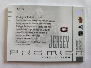 Cole Caufield 2021-22 UD Premier Rookie Jersey Collection Card 197/300 back