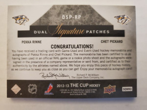 Rinne/Pickard 2012-13 The Cup Dual Signature Patches 26/35 back