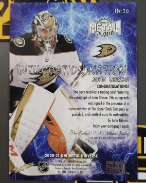 2020-21 Skybox Metal Universe #IN-30 John Gibson Auto Intimidation Nation Auto back