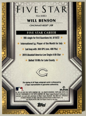 2023 Topps Five Star Will Benson Autographs Rookie Auto RC #FSA-WBE2 Reds back