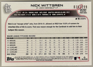 2022 Topps Update #US202 Nick Wittgren Orange Foil #158/299 St. Louis Cardinals back