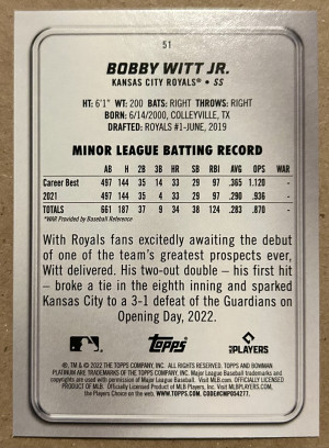 2022 Bowman Platinum #51 Bobby Witt Jr. RC KANSAS CITY ROYALS back