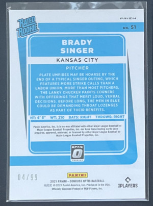 2021 Panini Donruss Optic Brady Singer Pandora /99 #51 back