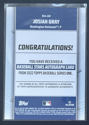 2022 Topps Series 1 Josiah Gray #BSA-JGR back
