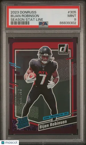 2023 Panini Donruss Bijan Robinson Rated Rookie Season Stat Line /500 PSA 9 RC front