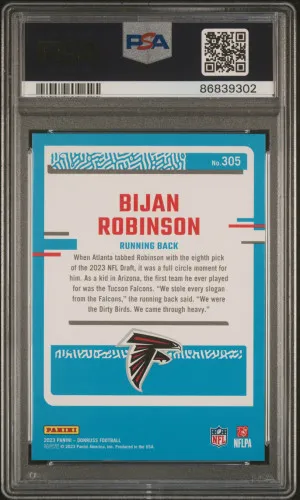 2023 Panini Donruss Bijan Robinson Rated Rookie Season Stat Line /500 PSA 9 RC back