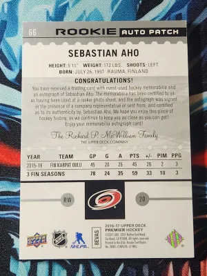 2016-17 Upper Deck Premier Rookie Auto Patch Sebastian Aho 3 Color Patch /299 back