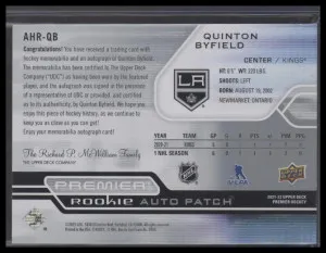 2021 Upper Deck Premier Quinton Byfield #AHR-QB Rookie Patch Auto #'d /99 back