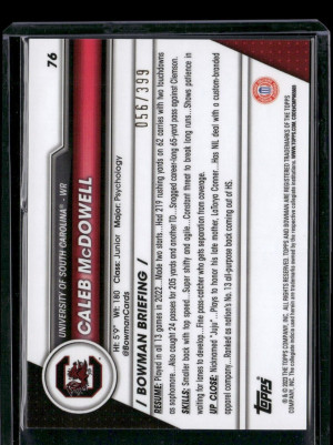 Caleb McDowell #76 2023 Bowman University Chrome Purple Refractor /399 SC back