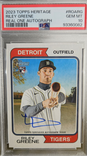 2023 Topps Heritage Riley Greene Real One Auto PSA 10 front