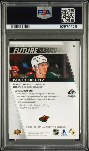 2022 SP Authentic Future Watch Auto /999 Matt Boldy #101 PSA 10 back