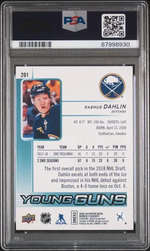2018-19 Upper Deck Rasmus Dahlin Young Guns Rookie RC #201 PSA 10 back