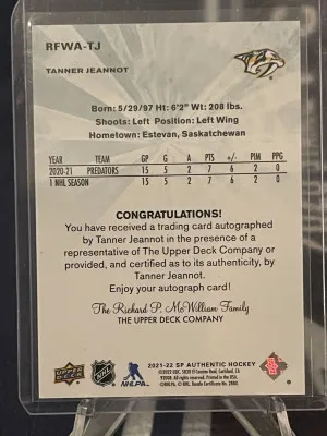 2021-22 SP Authentic '11-12 Retro Future Watch Auto #RFWATJ Tanner Jeannot /499 back