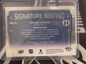 2021-22 Upper Deck Premier Signature Seats Rookies Tanner Jeannot Rookie Auto RC back
