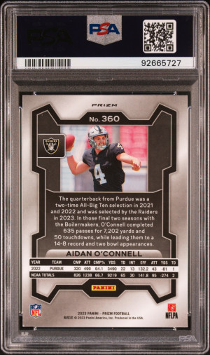 2023 Panini Prizm Aidan O'connell Green Wave #360 PSA 9 back