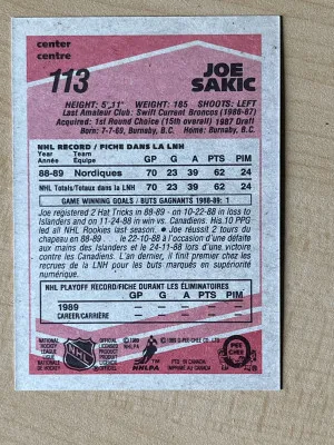 1989 O-Pee-Chee Joe Sakic #113 Base Set —VVCARDS— back