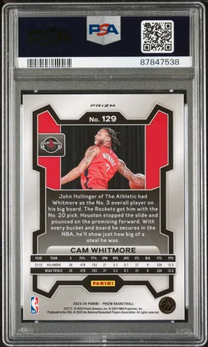 2023 Panini Prizm Cam Whitmore Rookie Green Prizm PSA 10 GEM MT #129 Rockets RC back