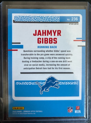 2023 Donruss Optic Football Jahmyr Gibbs Pink Holo Rated Rookie #236 Lions back