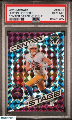 2023 Panini Mosaic Center Stage Justin Herbert Center Stage Purple /49 PSA 10 front