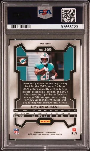 2023 Panini Prizm De'von Achane Silver #365 PSA 10 back