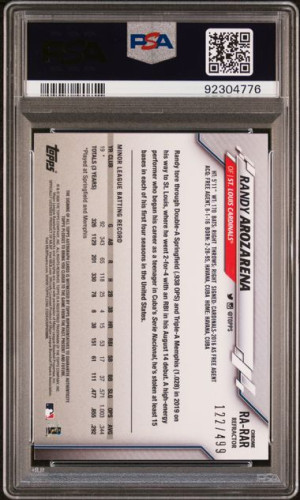 2020 RANDY AROZARENA TOPPS CHROME ROOKIE AUTOGRAPHS ROOKIE AUTO-REFRACTOR PSA 8 back