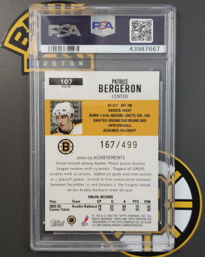 Patrice Bergeron 2003-04 Topps Pristine #107 Refractor PSA 9 Mint /499 Rookie RC back