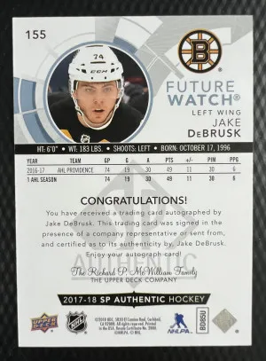 2017-18 SP Authentic FWA /999 Jake DeBrusk Rookie Auto back