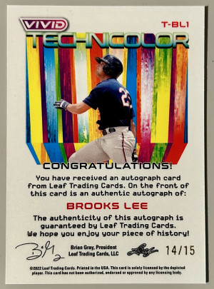 2022 Leaf Vivid Technicolor BROOKS LEE Rookie RC Green Auto /15 Minnesota Twins back
