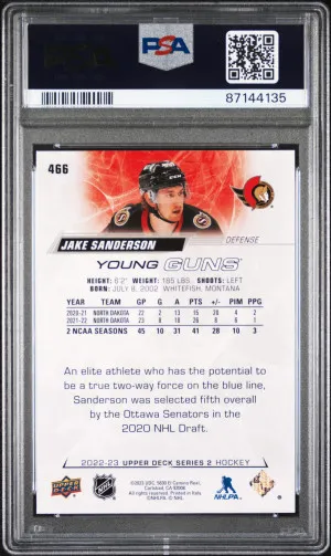 2022 Upper Deck Jake Sanderson #466 PSA 10 back