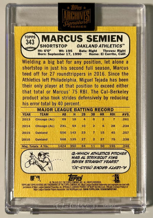 2022 Topps Archives Signature Series Marcus Semien 2018 Topps Heritage /99 Auto back
