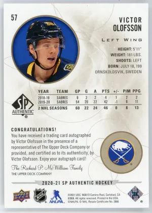 2020-21 SP Authentic #57 Victor Olofsson Limited Autograph back