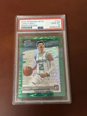 2020-21 Donruss Optic LaMelo Ball Green Pulsar Prizm Rated Rookie RC #153 PSA 10 front