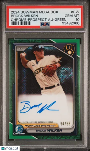 2024 Bowman Mega Box Chrome Prospect Autograph Brock Wilken PSA 10 Green /99 front