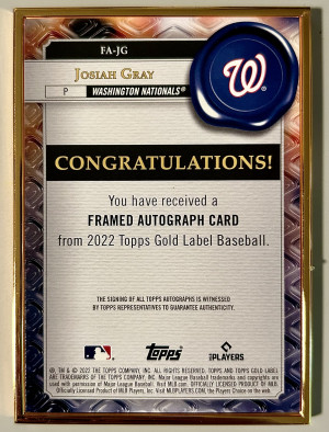 2022 Topps Gold Label Josiah Gray Rookie Auto Gold Frame RC Washington Nationals back
