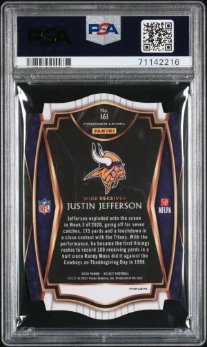 2020 Panini Select Justin Jefferson Rookie Die Cut Maroon Prizm PSA 10 #161 RC back