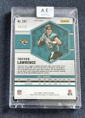 2021 Panini Mosaic 🟣🔥Trevor Lawrence RC NFL Debut Purple Disco Prizm #49/50 SP back