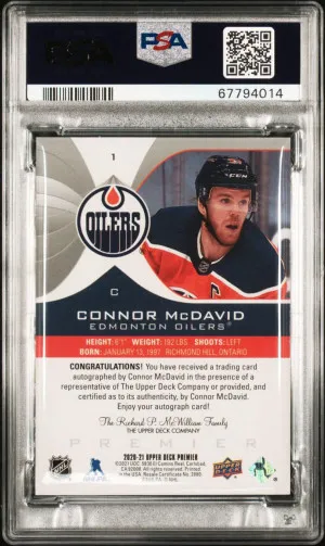 2020 UD Premier Connor McDavid Auto Silver Spectrum PSA 9 / 10 POP 1 back