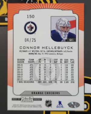 Connor Hellebuyck 2022-23 OPC Platinum #150 Orange Checkers /25 back