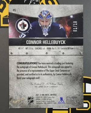 Connor Hellebuyck 2021-22 Skybox Metal Universe Auto #85 1/10 Green PMG-like NRMT-MT+ back