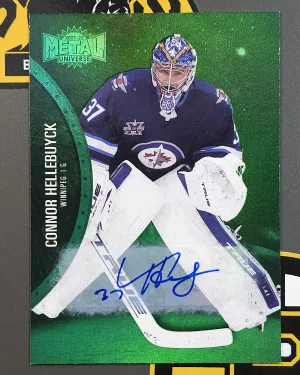 Connor Hellebuyck 2021-22 Skybox Metal Universe Auto #85 1/10 Green PMG-like NRMT-MT+ front
