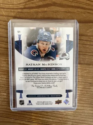22-23 Artifacts Nathan MacKinnon dual game worn relic /249 back