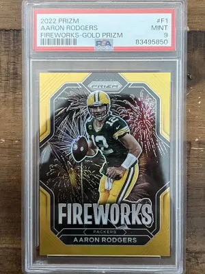 2022 Prizm Aaron Rodgers gold fireworks 5/10 PSA 9 front