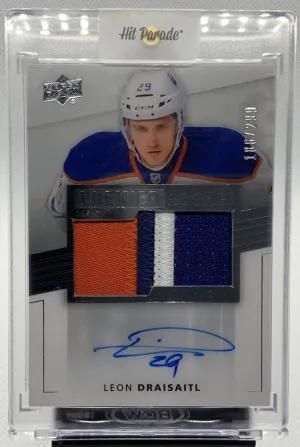 2014 UD Premier Rookies Leon Draisaitl 3 color patch auto /299 front