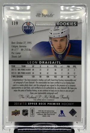 2014 UD Premier Rookies Leon Draisaitl 3 color patch auto /299 back