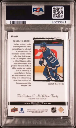 2021 Upper Deck The Cup Update Auston Matthews Upd-'20 E/C '03 Auto Patch back