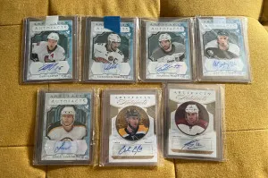 7 Card Lot Artifacts Autofacts Hagel, Barkov, St Louis, Heatley, Coyle, Bissonnette, Samsonov front