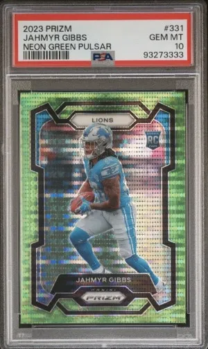 2023 PANINI PRIZM JAHMYR GIBBS NEON GREEN PULSAR PSA 10 front