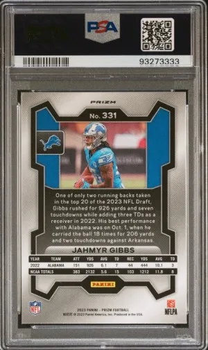 2023 PANINI PRIZM JAHMYR GIBBS NEON GREEN PULSAR PSA 10 back