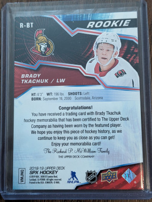 Brady Tkachuk SPX rookie jersey 2018-19 back